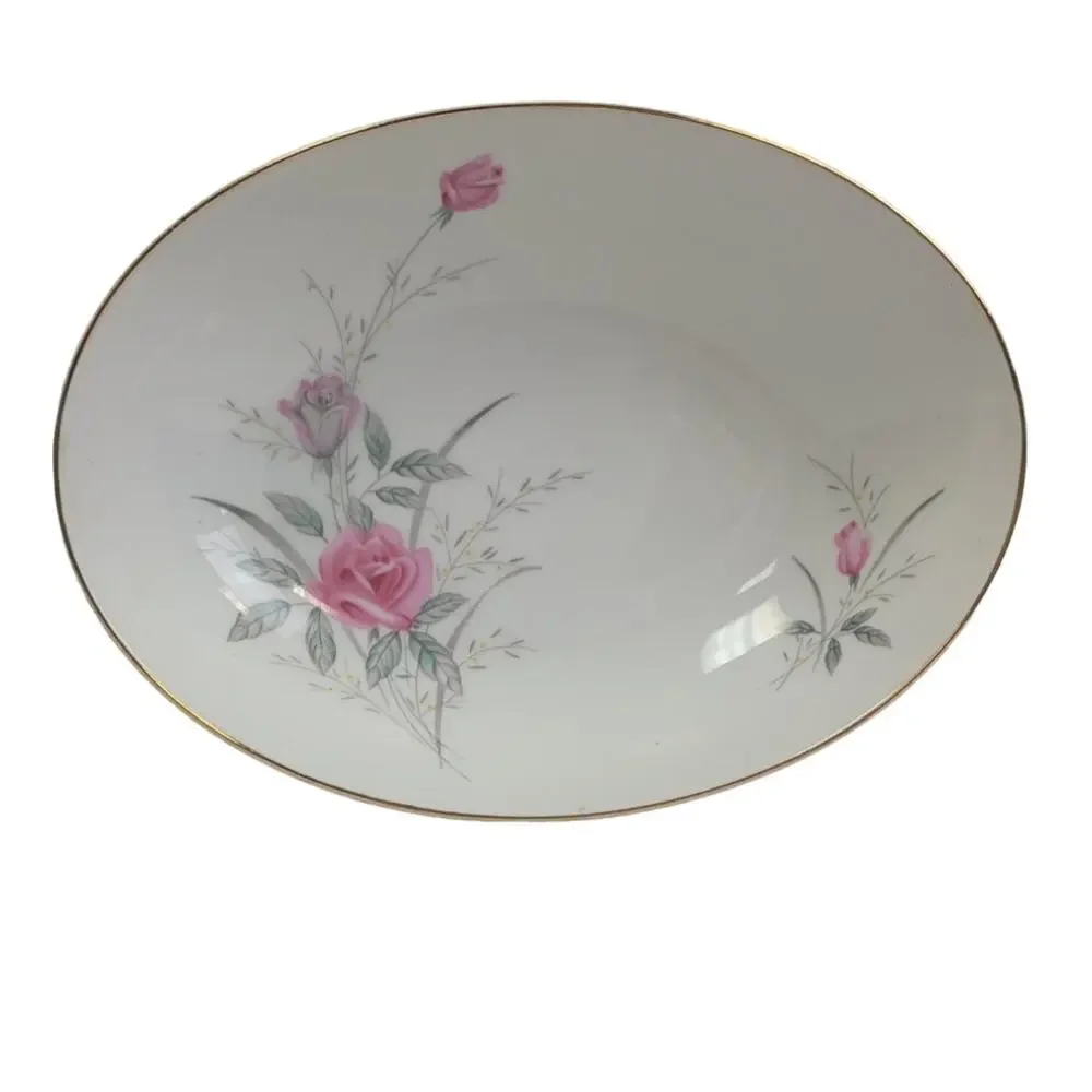 Vintage Golden Rose Flower Gold Rim Fine China Japan Oval Serving Platter Dish